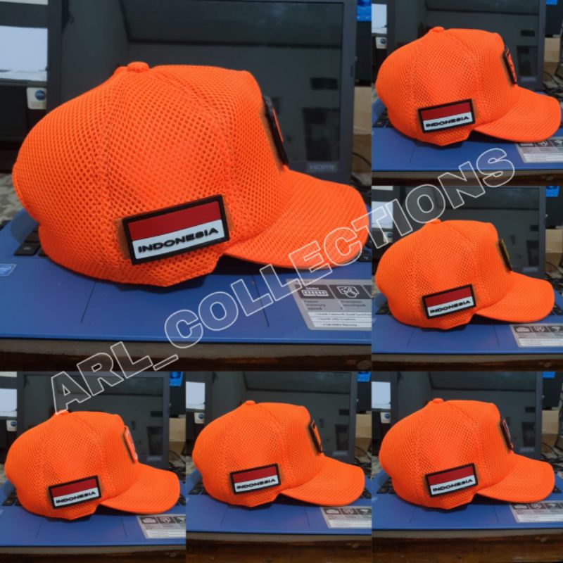 TOPI JARING DOUBLE MES ORANGE BPBD/RESCUE/TRC/SAR/TOPI JARING VELCRO + 3 PATCH RUBBER