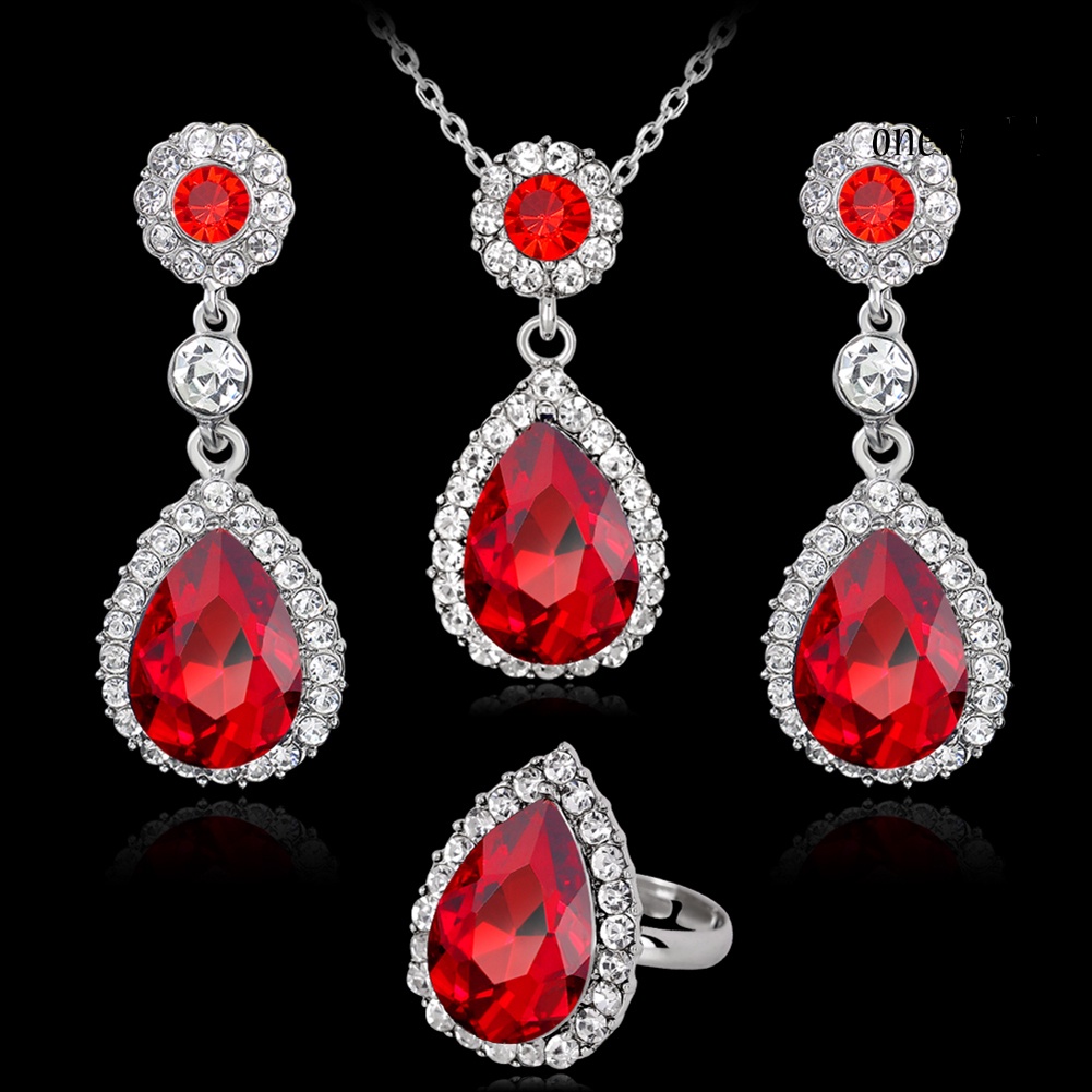 OW@ Women Fashion Rhinestones Inlaid Waterdrop Necklace Ring Earrings Jewelry Set