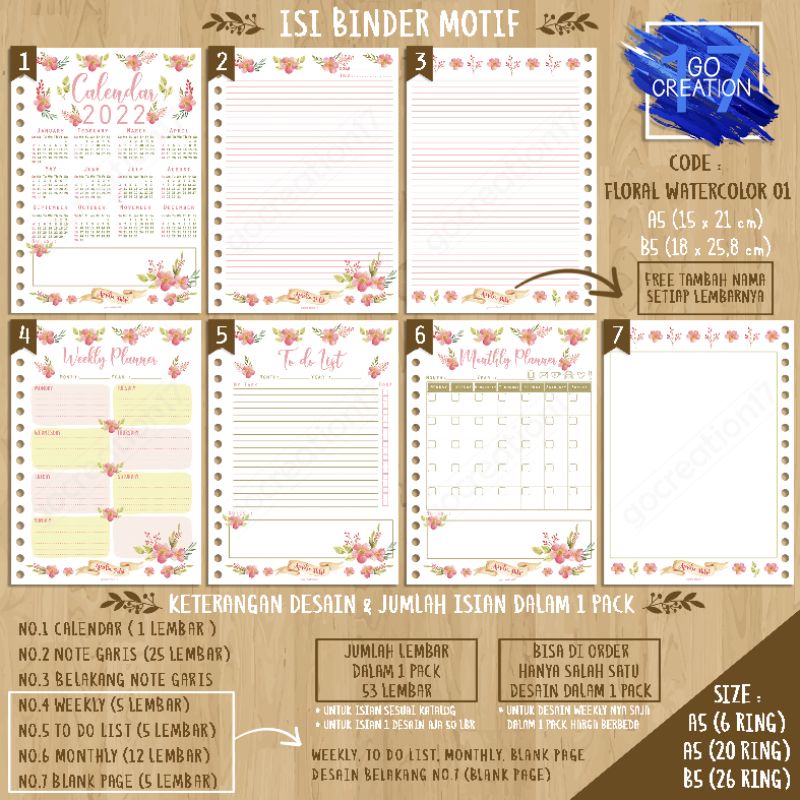 

Buku Planner isi Kertas Binder Motif Floral Watercolor 01 Premium A5 ring 20 dan A5 ring 6