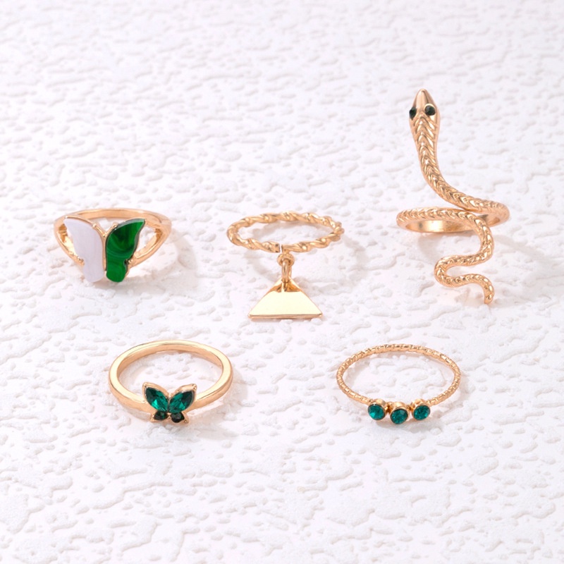 5pcs / set Cincin Desain Kupu-Kupu Putih Hijau Bahan Resin Untuk Wanita