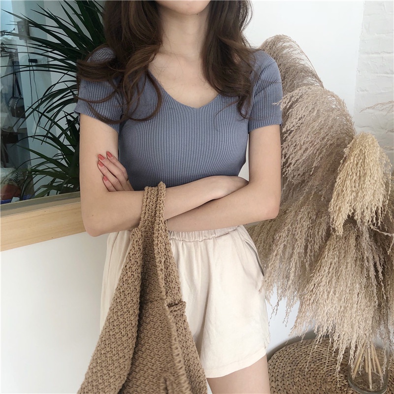 Kaos Rajut Wanita Basic Color Korean Style V neck Atasan Lengan Pendek Knit T-shirt