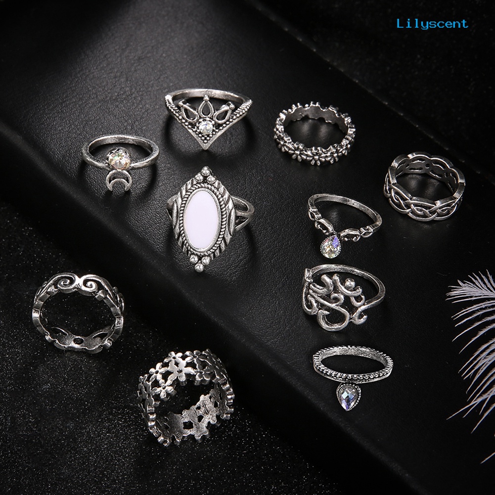 Ls 10Pcs Cincin Buku Jari Aneka Bentuk Gaya Retro Warna Silver Untuk Wanita