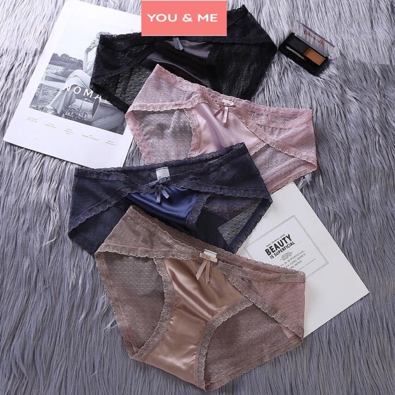 Youandme - Celana Dalam Wanita Satin Sutra Renda Pinggang Tengah CD Seksi Transparant
