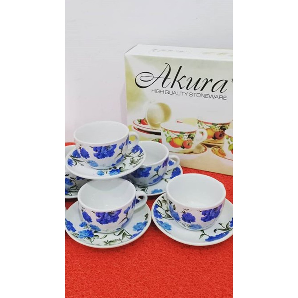 Akura Blue Flower Tea Set 6pcs Cangkir dan Tatakannya untuk Teh / Kopi Kedaung