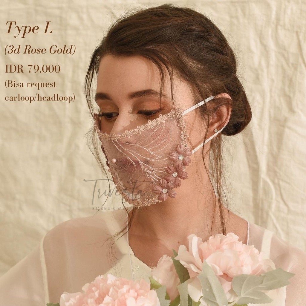 Masker Mika untuk wedding/pengantin - MASKER BROKAT MASKER PREMIUM ANTI AIR- warna rosegold - tipe L