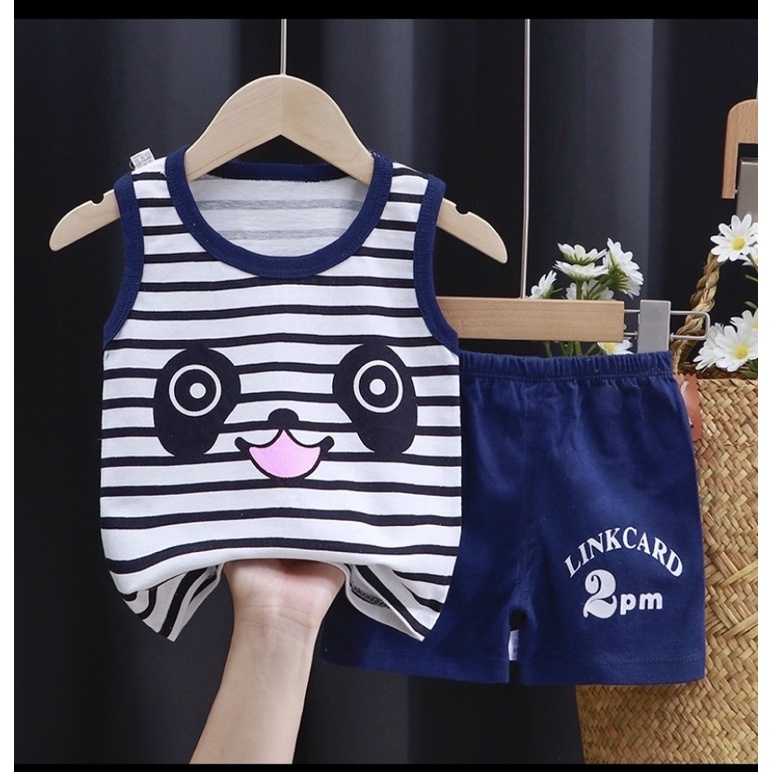 SETELAN SINGLET ANAK KARAKTER PANDA LIS SALUR 6-12 BULAN ALL SIZE