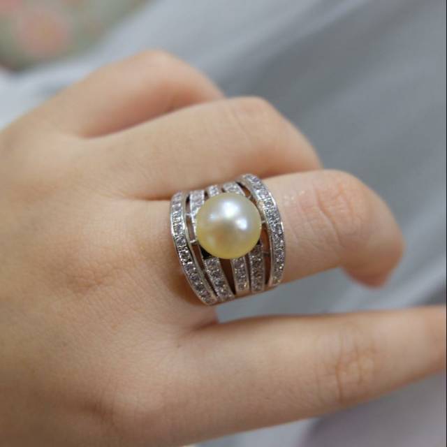 Cincin rhodium lapis emas 18k Mutiara air laut asli lombok bersertifikat Cincin mutiara air laut asl