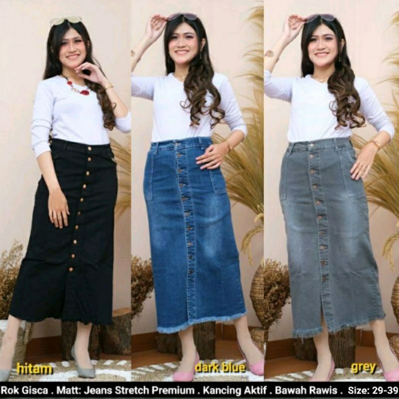 AFAREEN - Rok Span Jeans Panjang Kancing Depan Button Rok Jeans Skrit 29-40