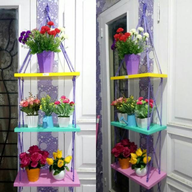 Rak Dinding Gantung Melayang Vintage Tiga Susun Kuning Tosca Pink Tali Ungu