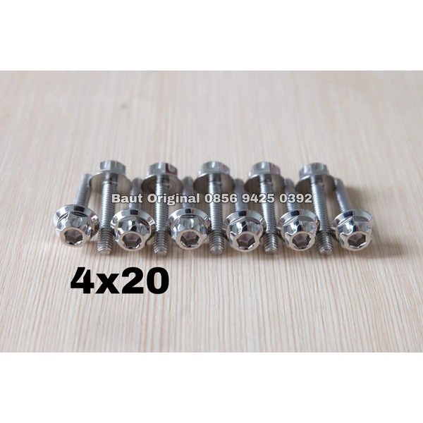 baut probolt 4x20 mm stainless new model drat 6 panjang 2 cm ukuran 6 gs1 gear 2 kunci belimbing heng