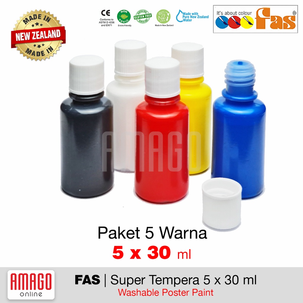 FAS Super Tempera - 5 Primary Colour set - Cat Lukis Cepat Kering Sekolah - Paket 5 warna dasar x 30 ml