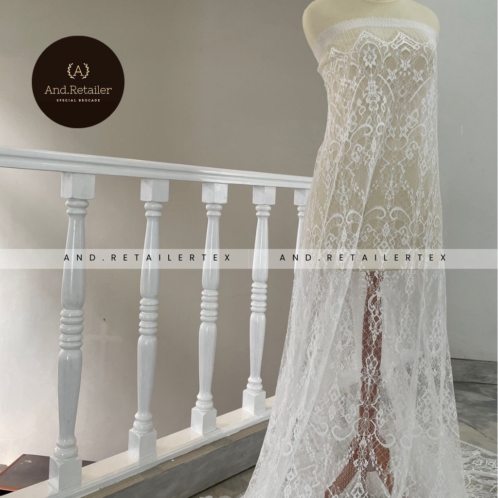 Bahan Kebaya Brokat Semi France Lace Chantily Shantily Katun Per panel 2,5m Warna White Putih