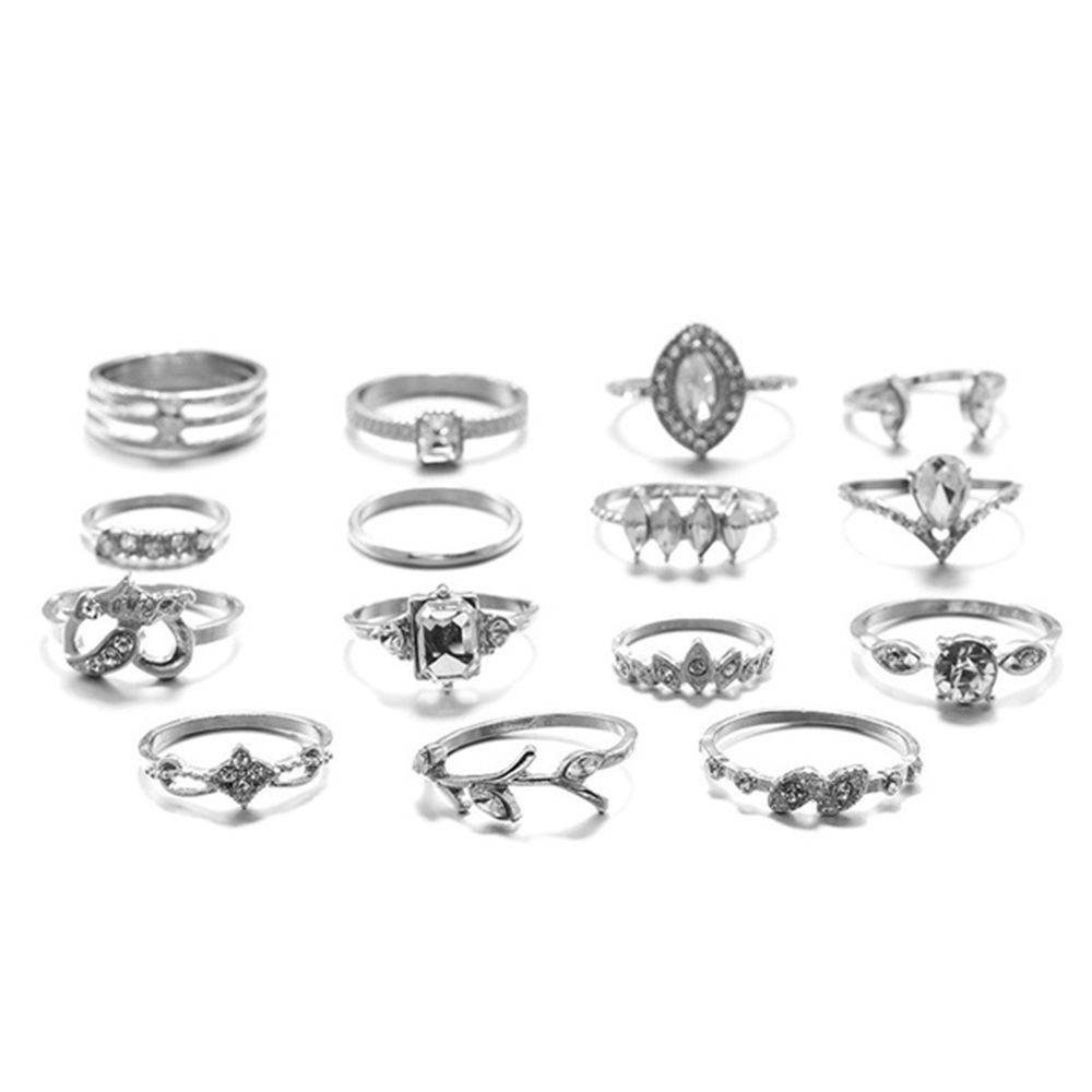 ROW 15PCS Party Rings Set Women Hollow Heart Boho Finger Ring Fashion Jewelry Silver Color Elegant Statement Crystal Leaves Flower