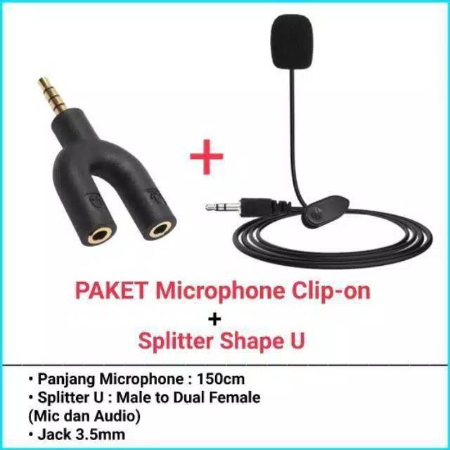 PAKET Clip on mic + splitter audio jack 3,5mm / mic klip on mikrofon + jack spliter audio 1 set - GG