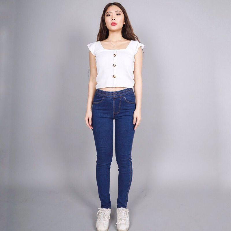 Celana jeans wanita pinggang karet - jegging wanita jumbo - jeans pensil wanita pinggang karet