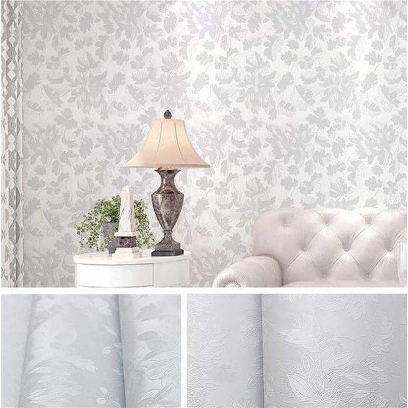 Jual Wallpaper Sticker Dinding Putih Daun Damaks Minimalis Elegant Cream Tosca Hijau 1063