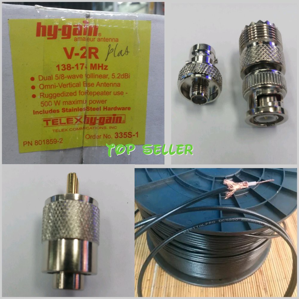 PAKET ANTENA RIG MOBIL HT BASE RUMAH V2 R LOKAL HYGAIN PLUS KABEL RG 58 FULL TEMBAGA KONECTOR PL DA