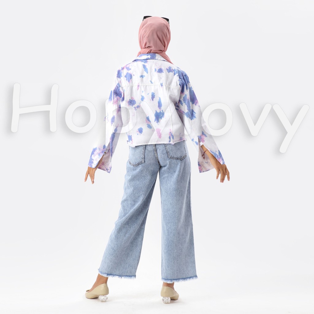 HOPYLOVY - Jaket Jeans Wanita Motif Tie Dye Sunrise