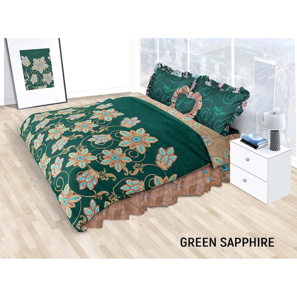 Bed Cover set King 180x200 no1 California Betcover Sprei Rumbai motif Green Saphire Badcover