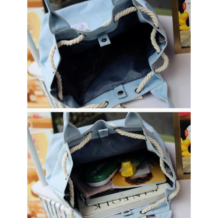 Backpack Tas ransel serut kanvas wanita 2 way - tote bag canvas import - Biru Muda
