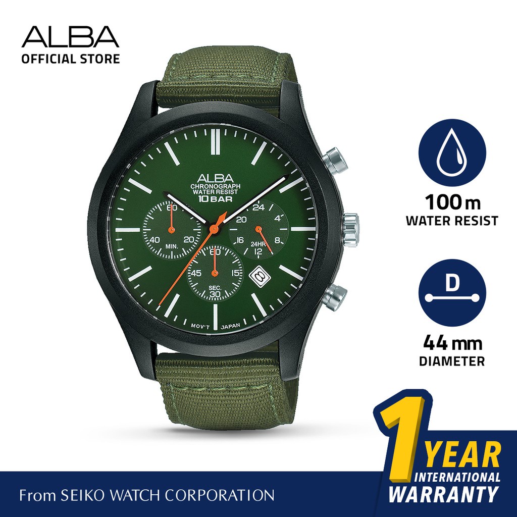 Alba Active Jam Tangan Pria Chronograph AT3G45 / AT3G45X1 Quartz Green Dial Nylon Strap Watch