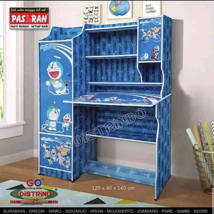 Meja Belajar Doraemon Dengan Lemari Besar + Kecil dilengkapi Kunci + Rak"an dibawah meja Bahan Tebal