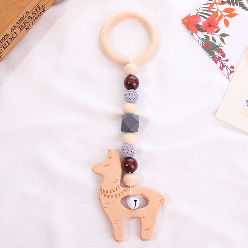 Mary 4pcs / Set Mainan Rattle / Teether Gantung Dengan Frame Kayu Untuk Stroller Bayi