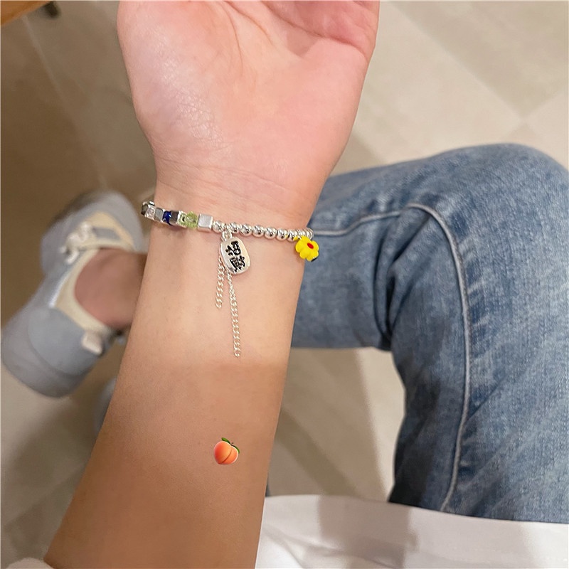 Gelang Tangan Alloy Aksen Manik-Manik Bunga Warna-Warni Untuk Wanita