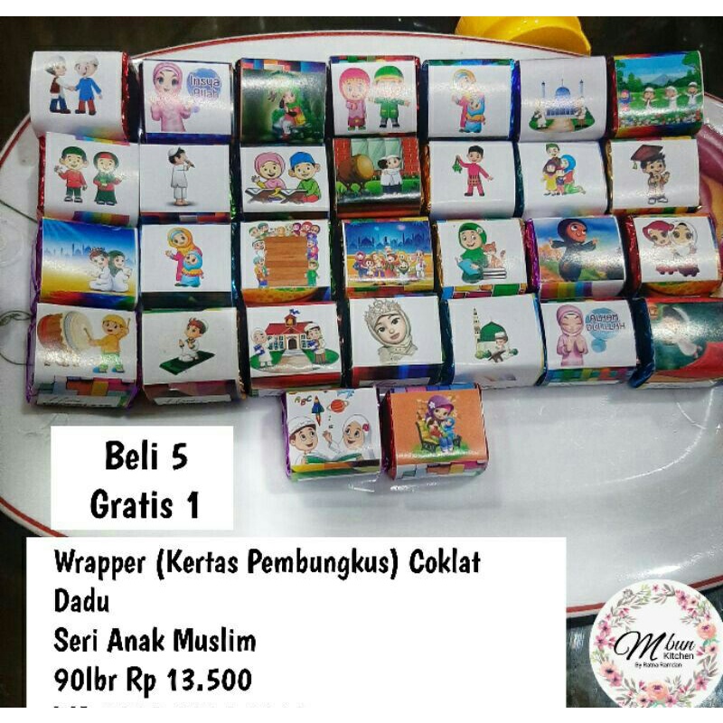 

wrapper bungkus ( bungkus kertas) coklat dadu lebaran,kartun,anak muslim, snack, mie instan