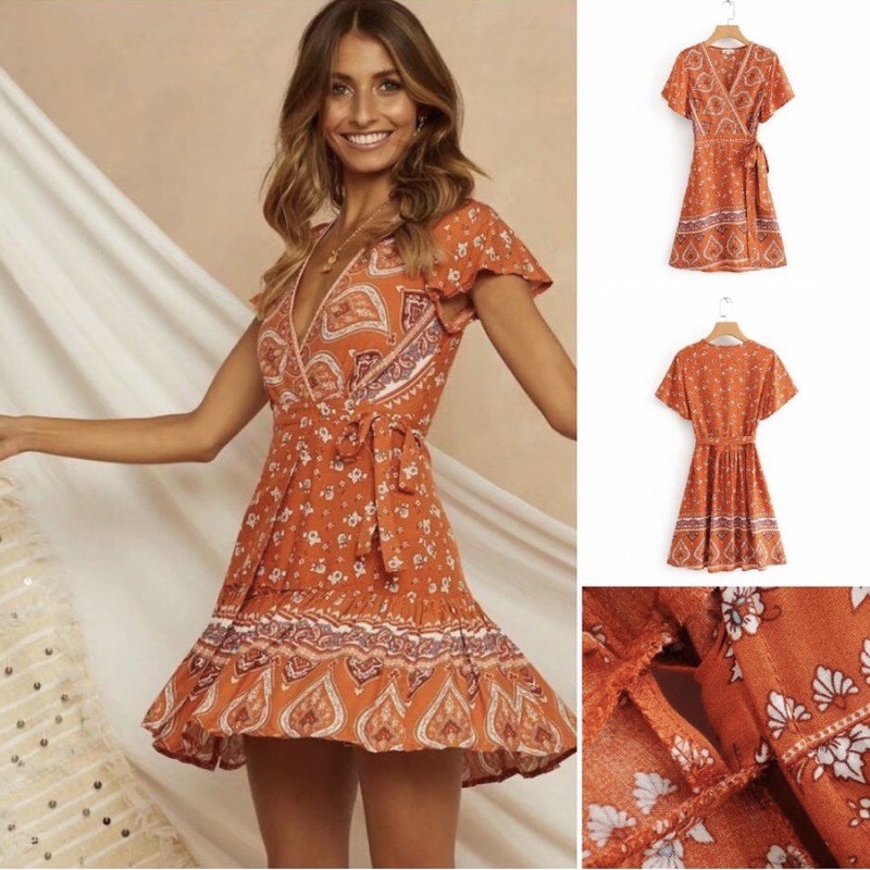 DRESS PANTAI  BOHEMIAN WANITA MINI  DENGAN MOTIF RETRO 