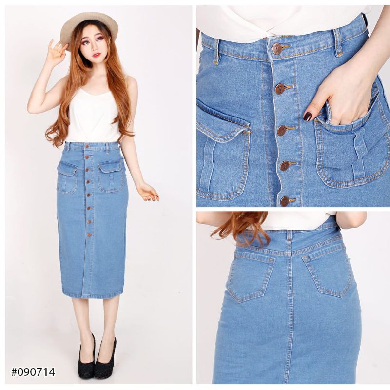 Rok Jeans Wanita Kancing Depan Modis