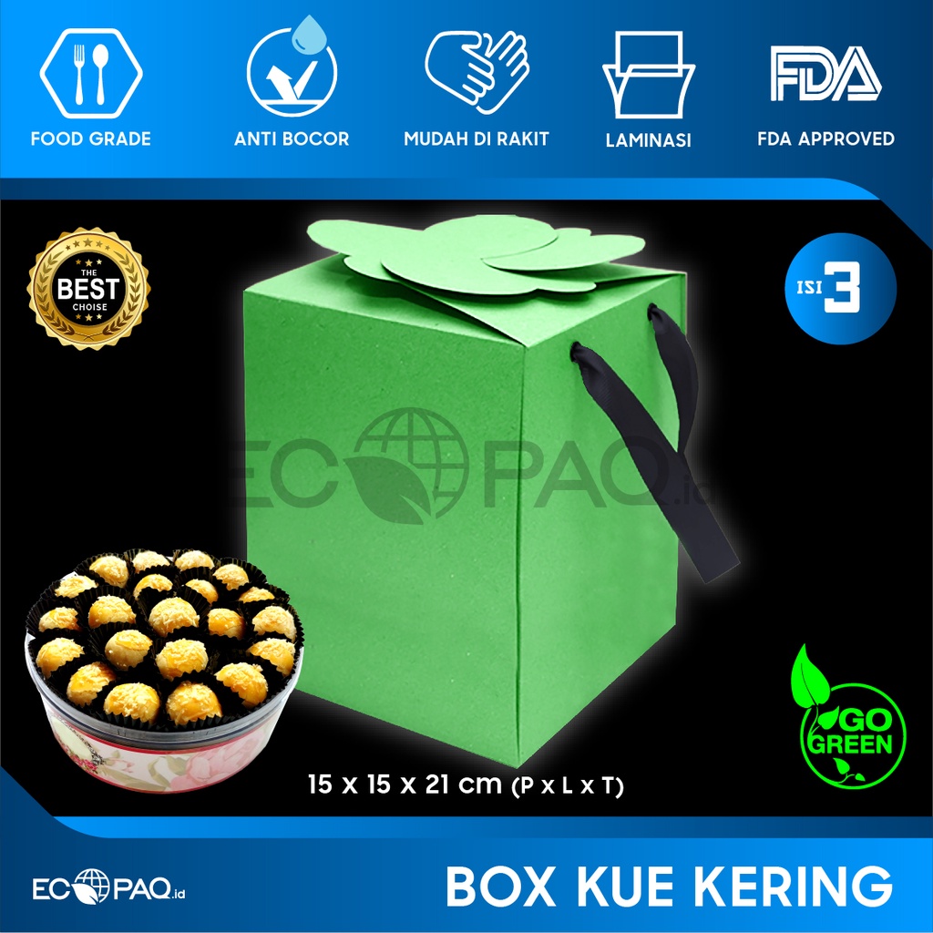 Box Kue Kering - Kotak isi 3 Toples 500 gram - KEMBANG - HIJAU (3 pcs)