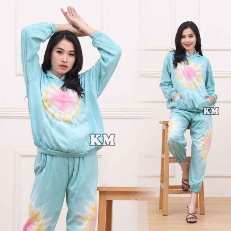 Setelan CP Sweater Hoodie Tiedye Set Celana Joger One Set Tiedye Fashion Baju Wanita Kekinian-Hodie mentari Tosca