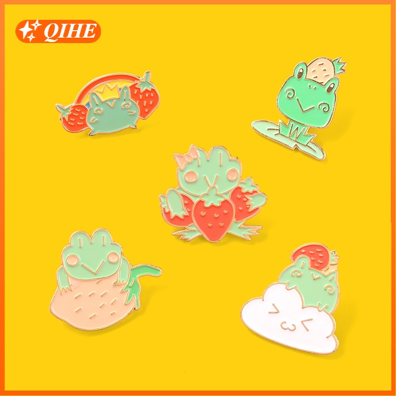 Quack Enamel Pin Frog Strawberry Lotus Leaf Brooches Bag Lapel Pin Cartoon Animal Badge Jewelry Gift for Kids Friends