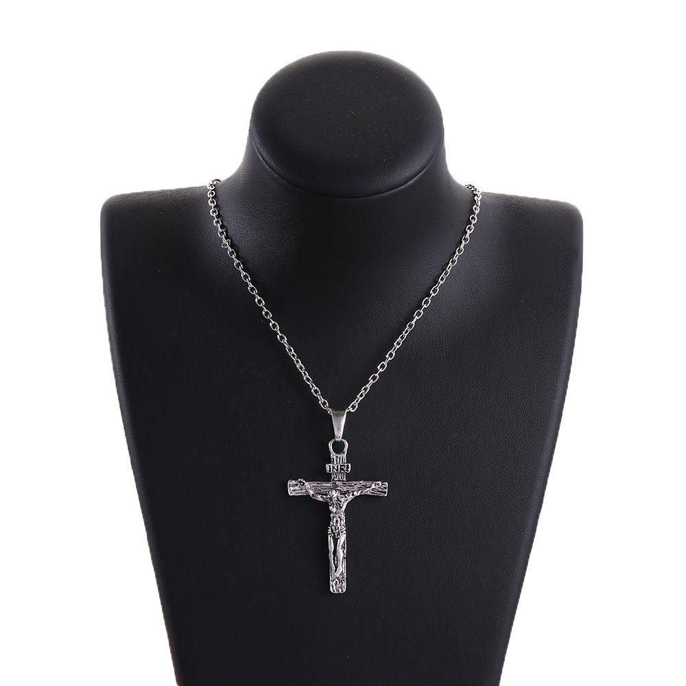 Kalung Rantai Liontin Salib Yesus Ala Rock / Gothic / Vintage Warna Silver Untuk Wanita