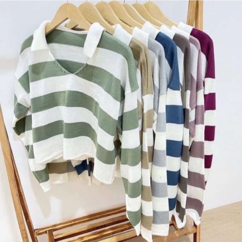 Sweater Fuji Crop Top / Fuji Blaster Rajut / Polo Knit Kerah Blaster / Atasan Rajut Wanita Blouse Oversize Stripe Garis