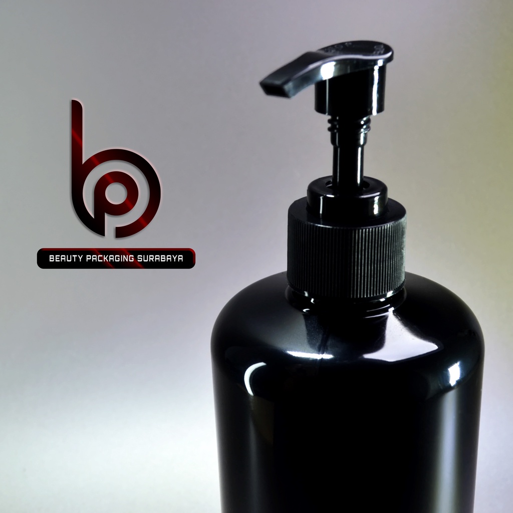 Botol plastik PET 500ml BR 28mm hitam tutup pump lotion