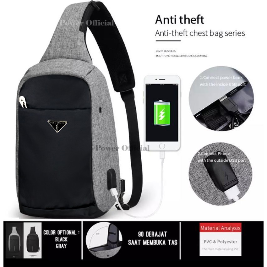 Polo Power - Tas Selempang Pria Anti Maling Slingbag Import USB - Smart Crossbody Bag Anti Thief USB