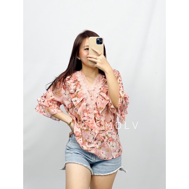 MDLV ~ 7292# Rheine Floral Top Chiffon Atasan Blouse Premium Fashion Import