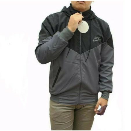 Jaket Pria Nike Parasut Windrunner Polos Sporty Olahraga Sepeda Running and Jogging-Hitam abu tua
