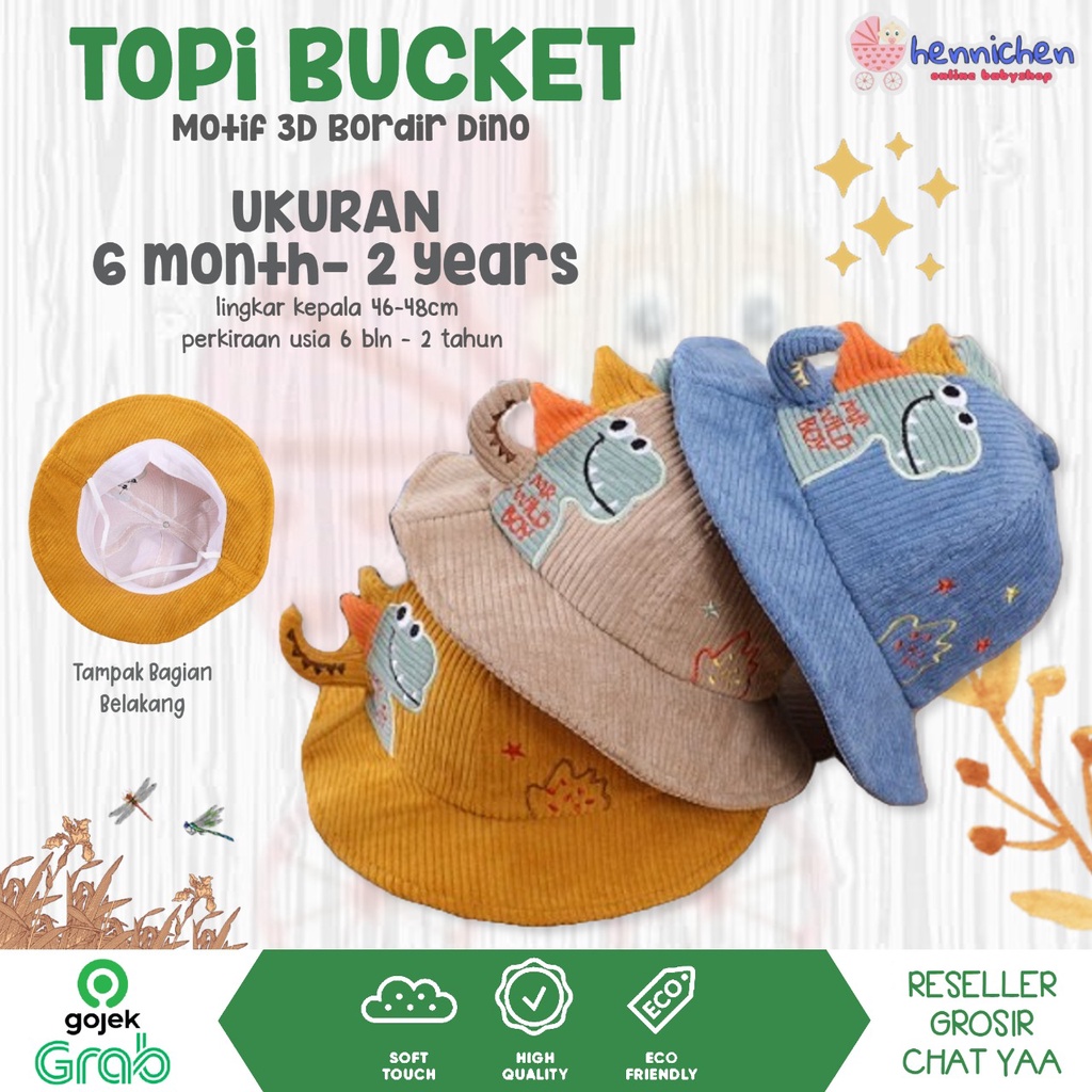 Topi Bucket hat bayi Dino 3d bordir import topi anak lucu motif Dinosaurus 6 Bulan - 2 Tahun