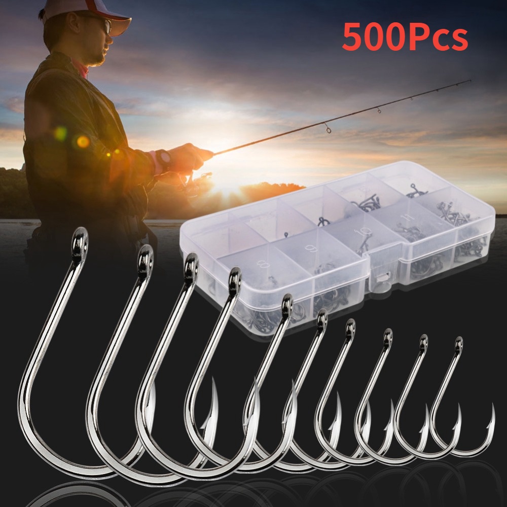 500Pcs/Box Circle Barb High Carbon Steel Silver Fish Hook  for Outdoor Wild Fishing Night Fishing