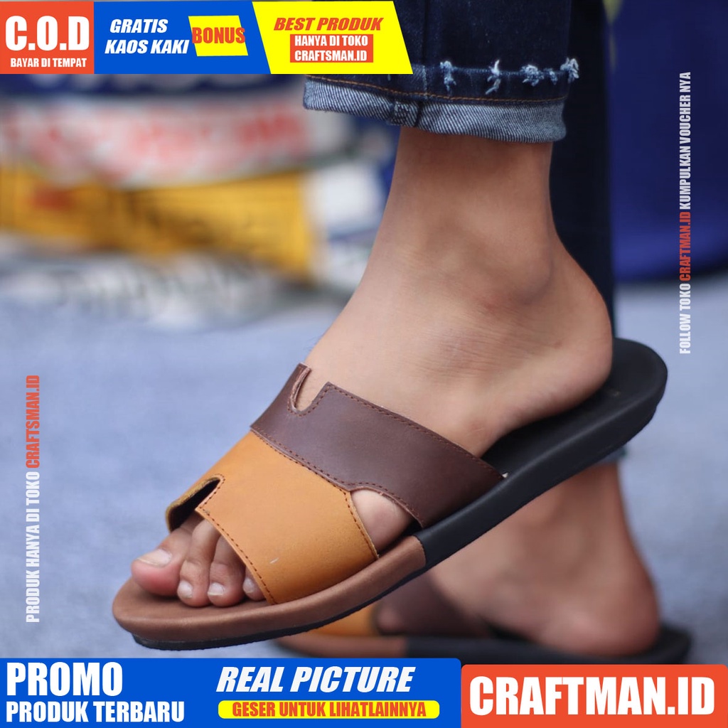 CRAFTS COMBI SANDAL KULIT PRIA BLACK BROWN SENDAL CASUAL PRIA