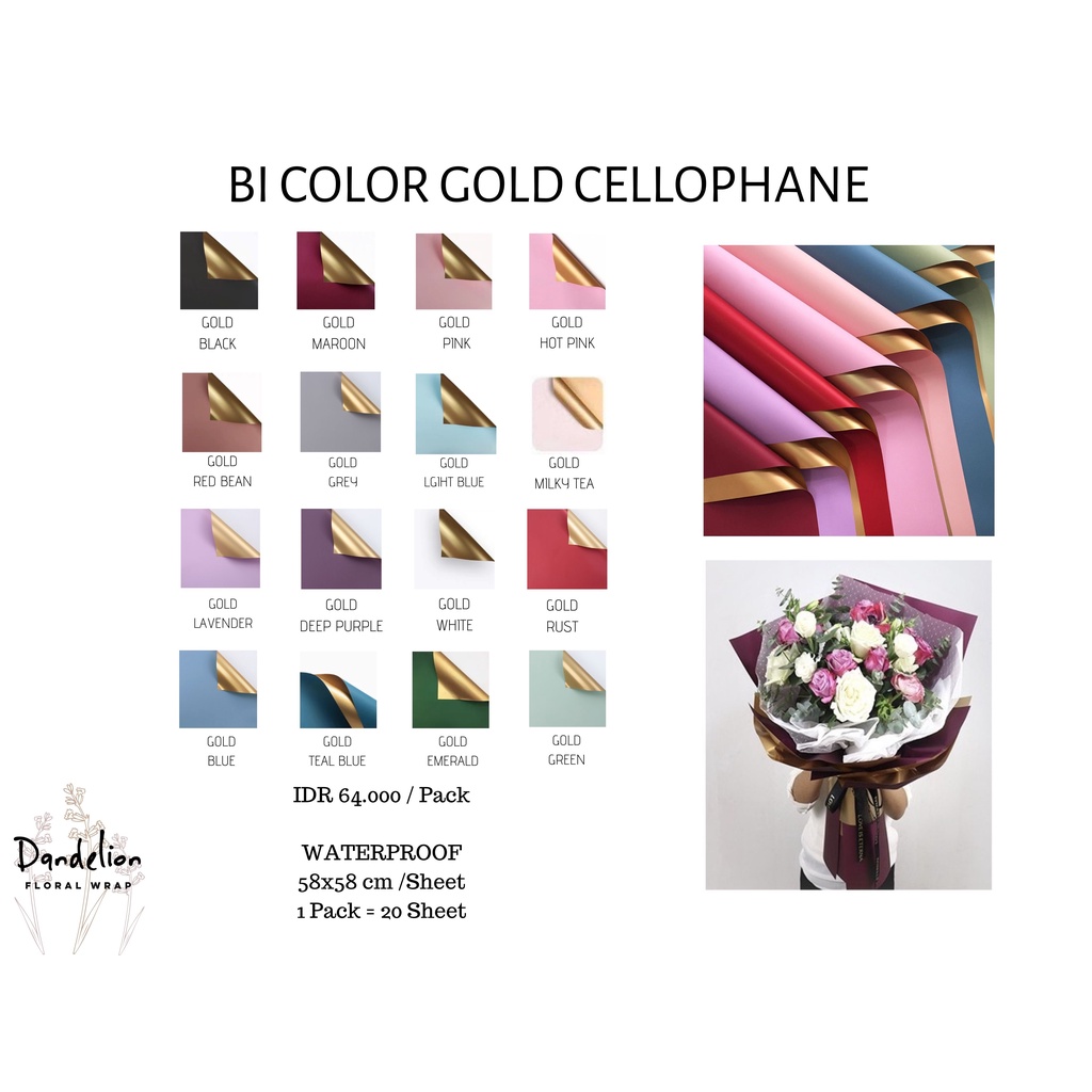 

FLOWER WRAPPING BI COLOR GOLD CELLOPHANE KERTAS BUKET PEMBUNGKUS BUNGA (ECER 5 LEMBAR SEWARNA)