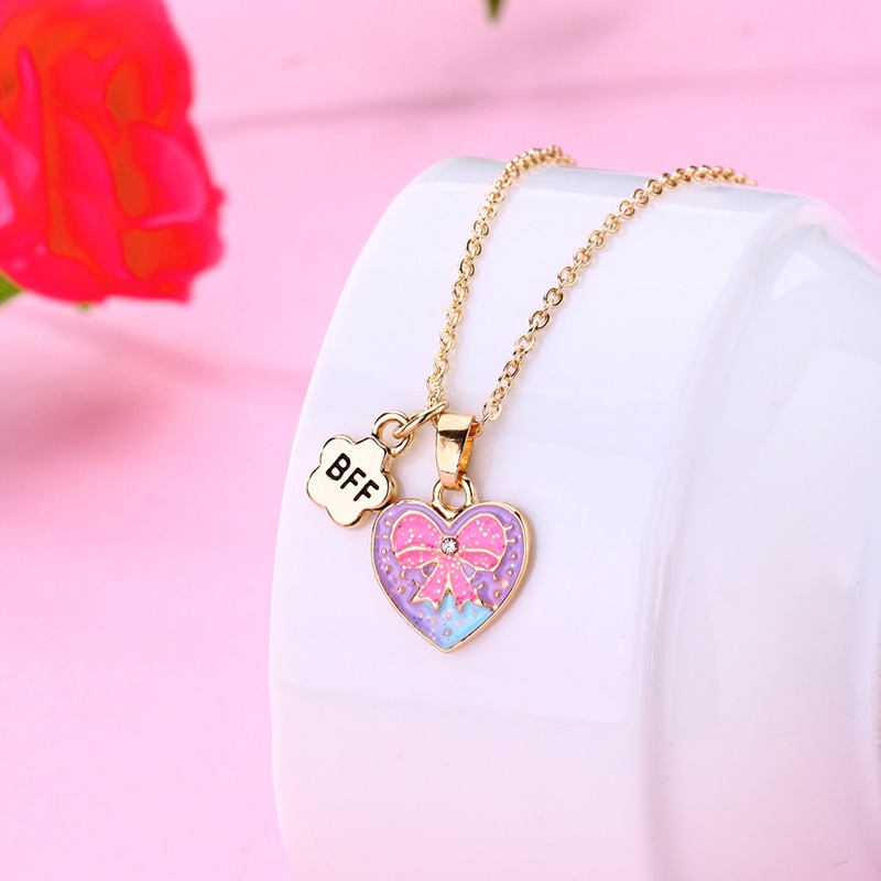 2pcs / Set Kalung Rantai Dengan Liontin Butterfly Hati Warna Pink Biru Untuk Hadiah Persahabatan