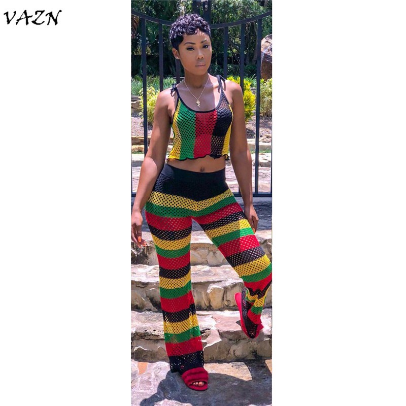 VAZN Special Design 2018 New Popular Style 2 piece Women Set Striped Spaghetti Strap