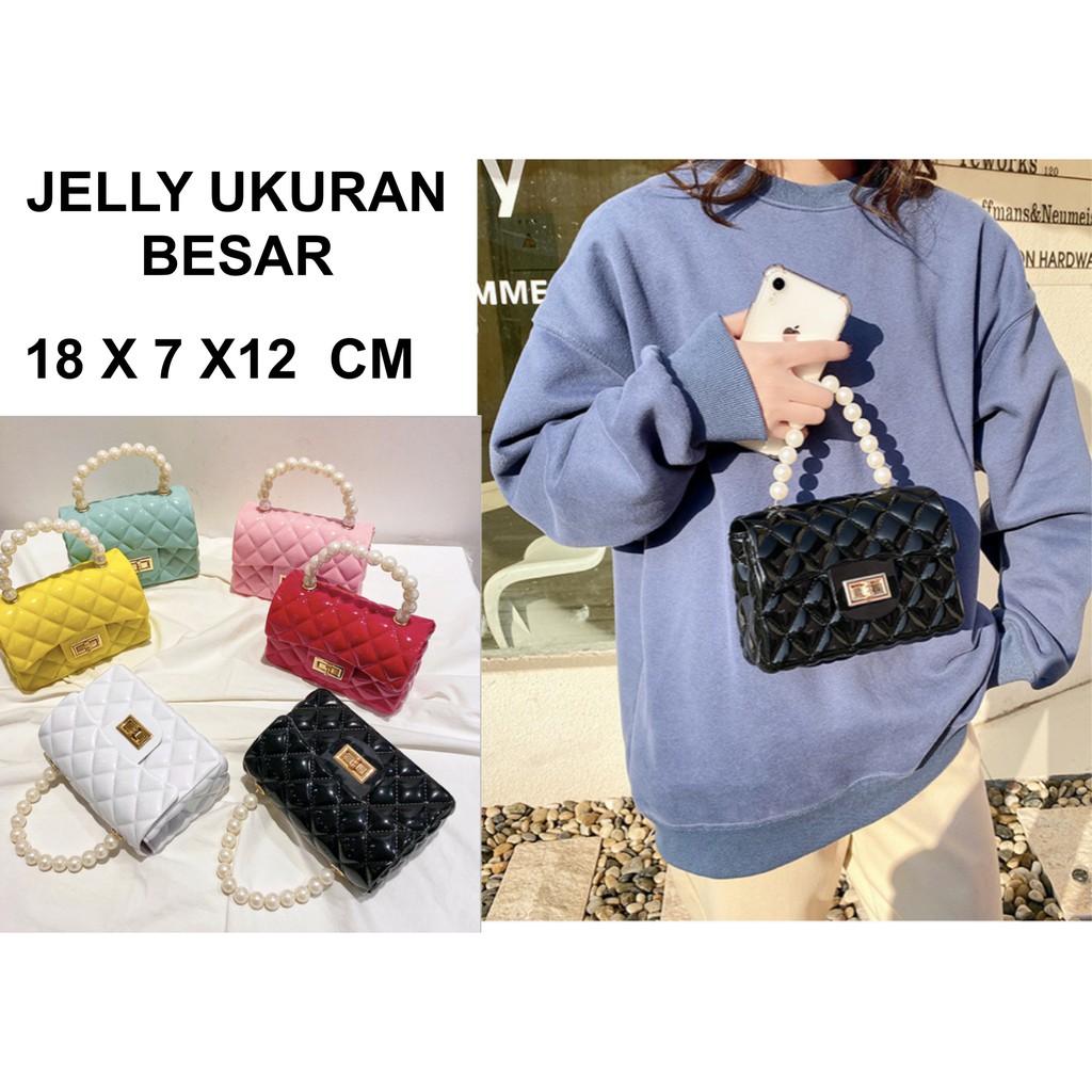 TAS JELLY IMPOR GLOSSY MUTIARA HANDLE TANGAKAI MUTIARA SELEMPANG UKURAN DEWASA