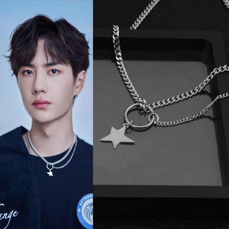 Wang YIBO Kalung Rantai dengan Liontin Bentuk Pentagram Bahan Stainless Steel