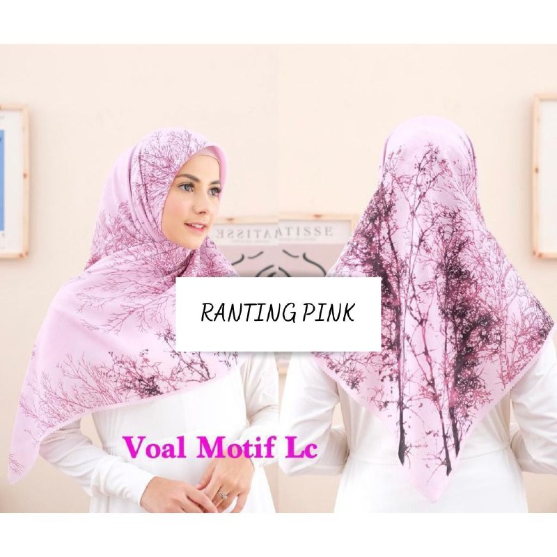 Hijab Segiempat Voal Premium Jilbab Motif RANTING PINK Segi Empat Kerudung Square Denay Kw LasercuT