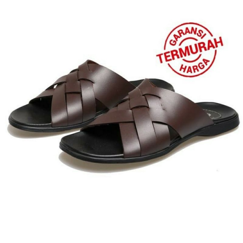 Sandal Kulit Pria MZ-1 /Slop Bapak2 Kasual / Sendal Slide Coklat, 39